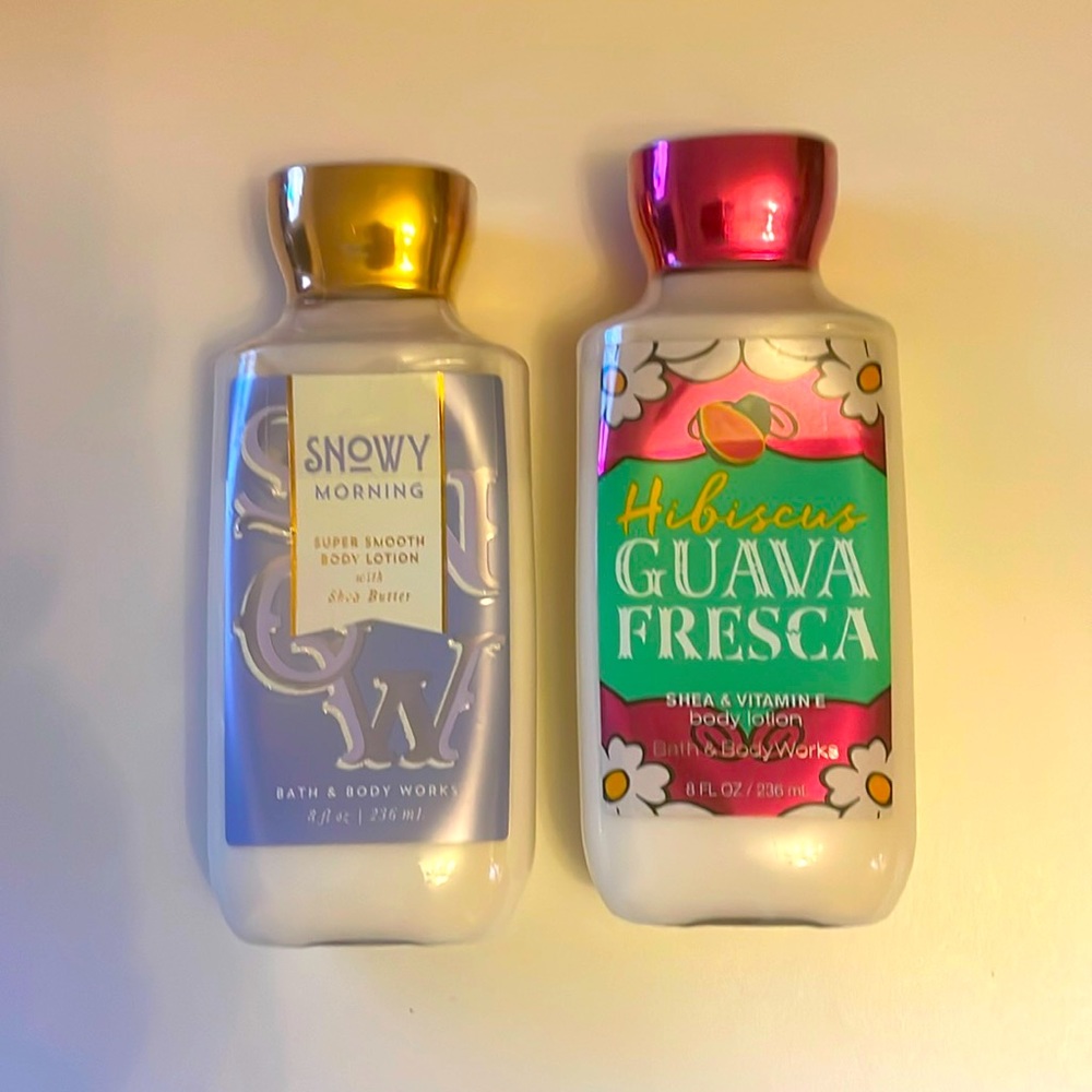 BATH AND BODY WORKS: Bundle two 8 ounce body lotions. Snowy morning,Guava Fresca